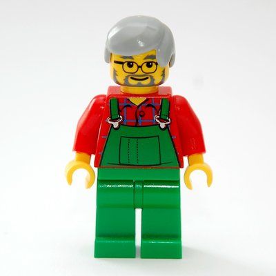 Minifigure Man, Green Overalls over Red Shirt, Light Bluish Gray Hair, Glasses and Beard del set 10199