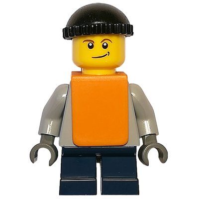 Minifigure Boy, Plain Light Bluish Gray Torso, Short Dark Blue Legs, Black Hat, Orange Vest del set 10199