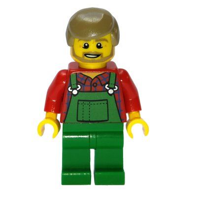 Minifigure Man, Green Overalls over Red Shirt, Dark Tan Hair, Beard del set 10249