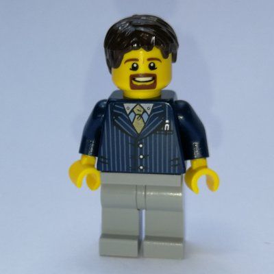 Minifigure Man, Dark Blue Pinstripe Suit with Gold Tie, Dark Brown Hair del set 10249