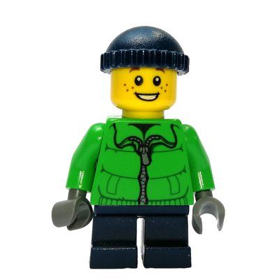 Minifigure Boy, Green Jacket, Short Dark Blue Legs, Dark Blue Hat del set 10249
