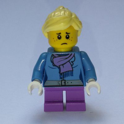 Minifigure Girl, Medium Blue Jacket with Medium Lavender Scarf, Short Medium Lavender Legs, Bright Light Yellow Hair del set 10249