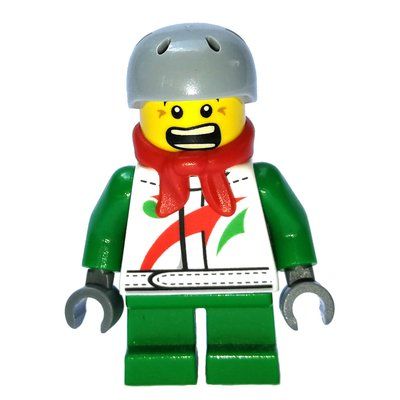 Minifigure Boy, White and Green Jacket with Octan Logo, Red Scarf, Short Green Legs, Helmet del set 10249