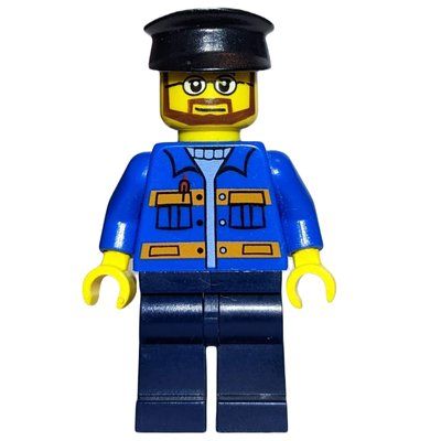 Minifigure Man, Blue Jacket with Orange Stripes, Dark Blue Legs, Black Hat, Glasses and Beard del set 10216