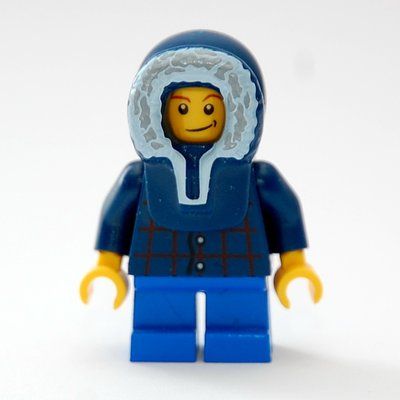 Minifigure Boy, Plaid Shirt, Short Blue Legs, Dark Blue Hood del set 10216