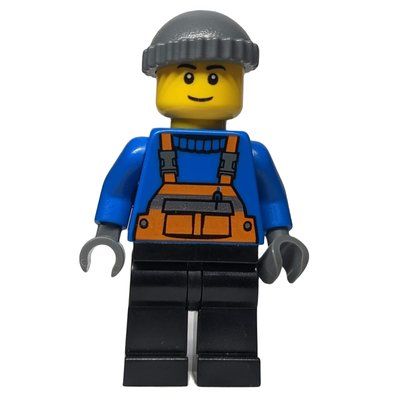 Minifigure Man, Orange Overalls over Blue Sweater, Black Legs, Dark Bluish Gray Hat del set 10216