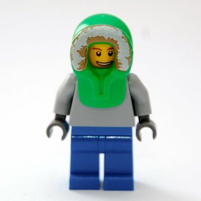 Minifigure Man, Plain Light Bluish Gray Torso, Blue Legs, Bright Green Hood from set 10222