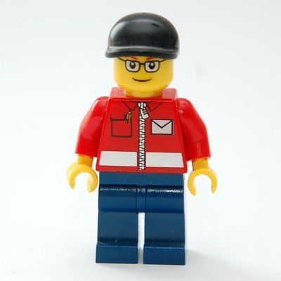 Minifigure Postal Worker, Red Jacket with Zipper and Letter Logo, Dark Blue Legs, Black Cap, Glasses from set 10222