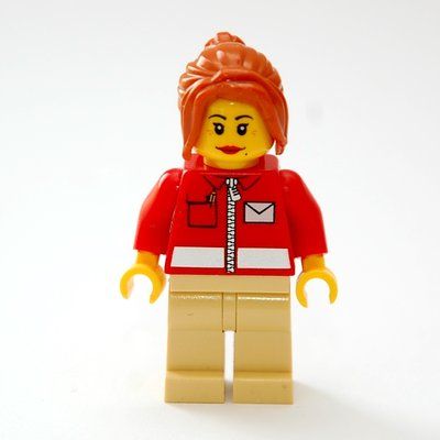 Minifigure Postal Worker, Woman, Red Jacket with Zipper and Letter Logo, Dark Orange Hair from set 10222