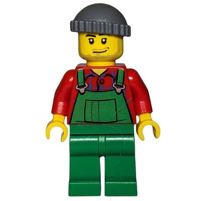 Minifigura Man, Green Overalls over Red Shirt, Dark Bluish Gray Hat, Stubble del set 10229