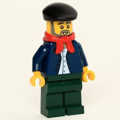 Minifiguur Man, Open Dark Blue Jacket, Dark Green Legs, Red Scarf, Black Beret, Beard uit set 10235