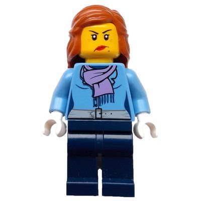 Minifiguur Woman, Medium Blue Jacket with Medium Lavender Scarf, Dark Blue Legs uit set 10235