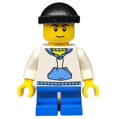 Minifiguur Boy, White and Blue Hoodie, Short Blue Legs, Black Hat uit set 10235