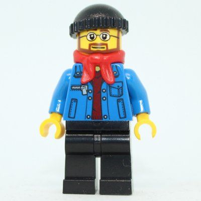 Minifigure Man, Open Denim Jacket, Black, Legs, Red Scarf, Black Hat del set 10259
