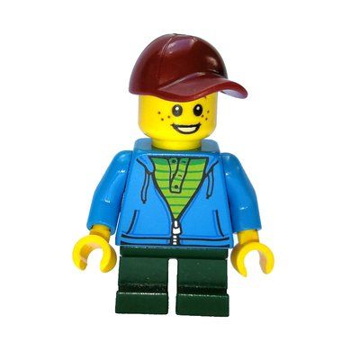 Minifigure Boy, Open Dark Azure Hoodie with Zipper, Short Dark Green Legs, Dark Red Cap del set 10259
