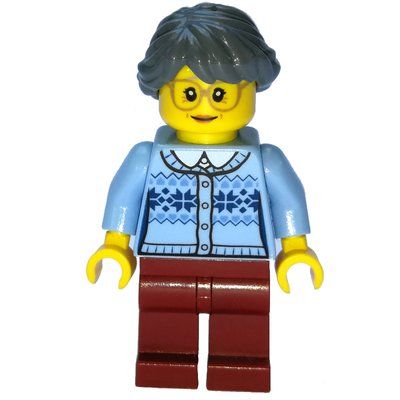 Minifigure Woman, Bright Light Blue Cardigan, Dark Red Legs, Dark Grayish Blue Hair del set 10259