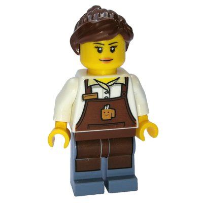 Minifigure Barista, Woman, White Torso, Reddish Brown Apron, Reddish Brown Hair del set 10259