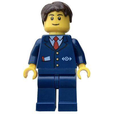 Minifigure Conductor, Blue Suit with Train Logo, Dark Brown Hair del set 10259