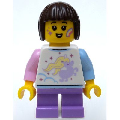 Minifigura Girl, White Shirt with Unicorn, Short Medium Lavender Legs, Star and Rainbow Face Paint del set 40373