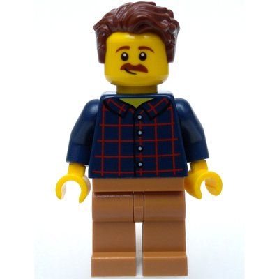 Minifigura Man, Dark Blue Plaid Shirt, Medium Nougat Legs, Moustache del set 40373
