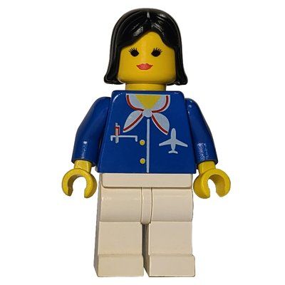 Figurine Airline Worker, Woman, Blue Jacket with Plane Logo and White Scarf, White Legs, Black Hair, Red Lips du set 10159