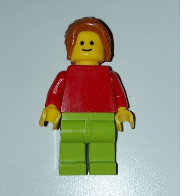Minifigure Woman, Plain Red Torso, Lime Legs, Dark Orange Hair from set 10405