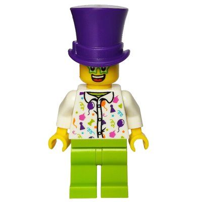 Figurine Man, White Shirt with Balloons, Party Hats, and Streamers, Lime Legs, Dark Purple Top Hat, Star Glasses du set 40382
