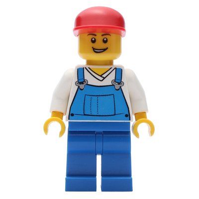 Figurine Man, Blue Overalls over White V-Neck Shirt, Red Cap, Open Mouth du set 40057