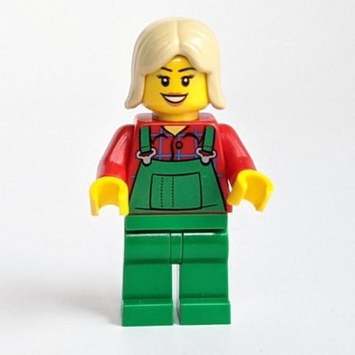 Figurine Woman, Green Overalls over Red Paid Shirt, Tan Hair du set 40057