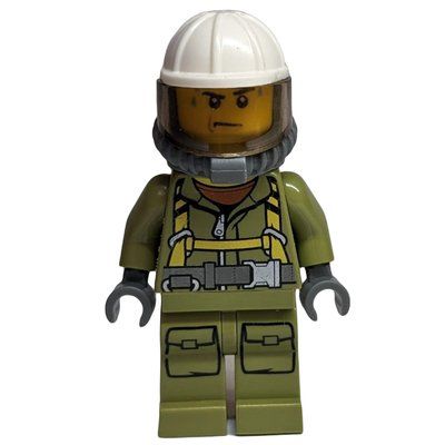 Minifigura Volcano Explorer, Man, Olive Green Jumpsuit with Straps, White Hard Hat with Visor, Breathing Apparatus del set 60120