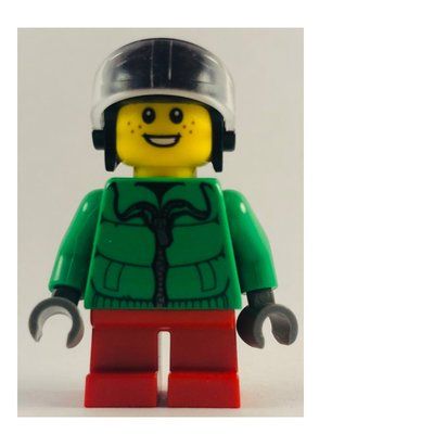 Minifigur Boy, Green Jacket, Short Red Legs, Black Helmet with Visor aus Set 60133