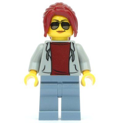 Minifigure Track Official, Light Bluish Gray Torso, Sand Blue Legs, Dark Red Hair from set 75893