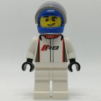 Minifigura Race Driver, White Torso, White Legs, Blue Helmet, Audi del set 75873