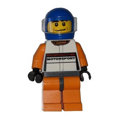 Minifiguur Race Driver, White Torso, Orange Legs, Blue Helmet, Porsche uit set 75912