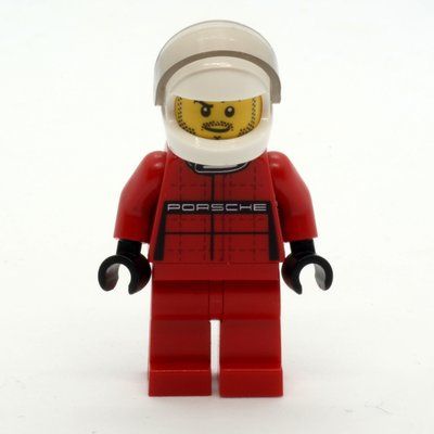 Minifigurka Race Driver, Red Torso, Red Legs, White Helmet, Porsche z zestawu 75876