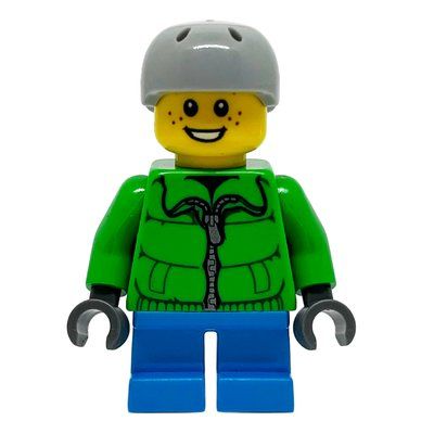Figurine Boy, Green Jacket, Short Dark Azure Legs, Light Bluish Gray Helmet du set 60155
