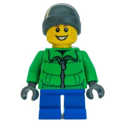 Figurine Boy, Green Jacket, Short Dark Blue Legs, Dark Bluish Gray Beanie Hat du set 60201