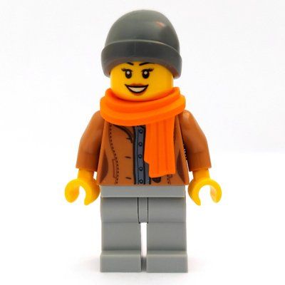 Figurine Woman, Open Medium Nougat Jacket, Light Bluish Gray Legs, Dark Bluish Gray Beanie Hat, Orange Scarf du set 60235