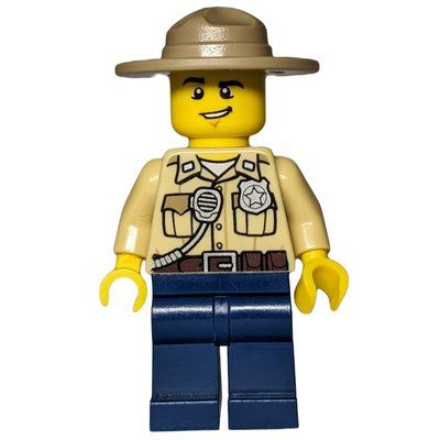 Minifigure Swamp Police / Ranger, Tan Shirt with Badge and Radio, Dark Tan Campaign Hat, Dark Blue Legs del set 60099