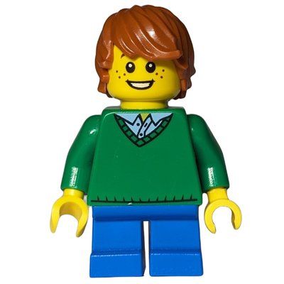 Minifigure Boy, Green Sweater, Short Blue Legs, Dark Orange Hair del set 60099