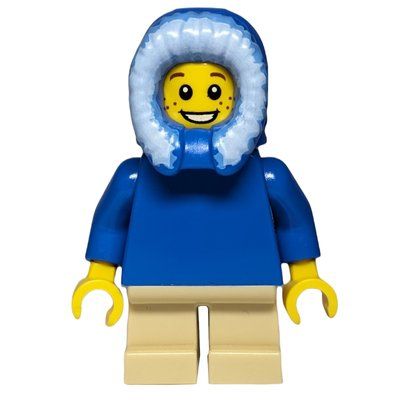 Minifigure Boy, Plain Blue Torso, Short Tan Legs, Hood del set 60099