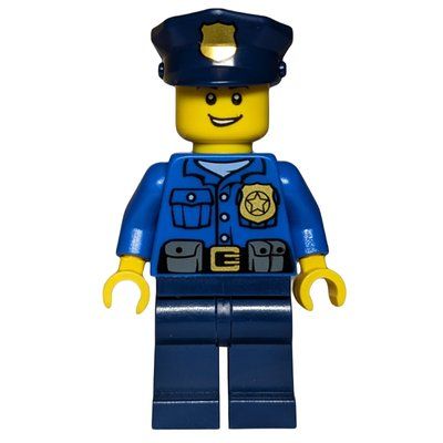 Minifigur Policeman, Blue Shirt with Badge and Pouches, Dark Blue Legs, Dark Blue Police Hat with Badge, Open Mouth aus Set 60063