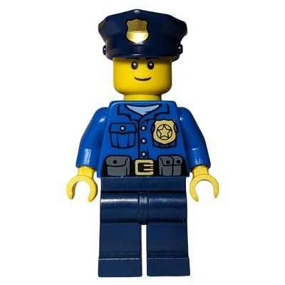 Minifigur Policeman, Blue Shirt with Badge and Pouches, Dark Blue Legs, Dark Blue Police Hat with Badge aus Set 60063