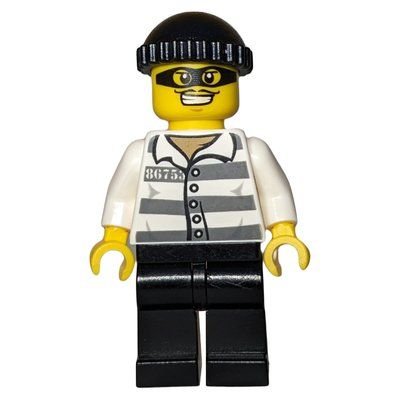 Minifigur Criminal, Prison Shirt with #86753, Black Legs, Black Hat, Black Eyemask aus Set 60063