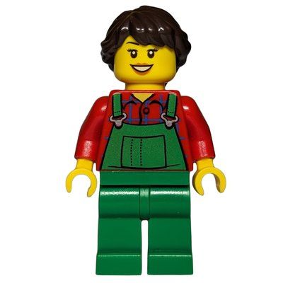 Minifigur Woman, Green Overalls over Red Paid Shirt, Dark Brown Hair aus Set 60063