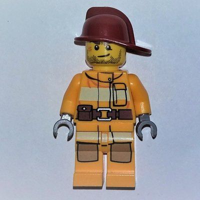 Minifigure Fireman, Bright Light Orange Fire Suit, Dark Red Helmet, Scar del set 4430