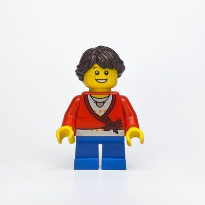 Minifigur Girl, Cardigan Tied with Bow, Necklace, Short Blue Legs, Dark Brown Hair aus Set 4428