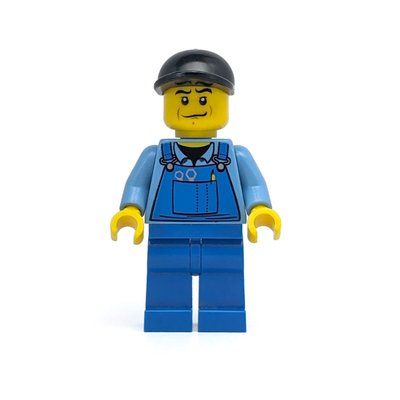 Minifigur Man, Blue Overalls over Shirt, Blue Legs, Black Cap aus Set 4428