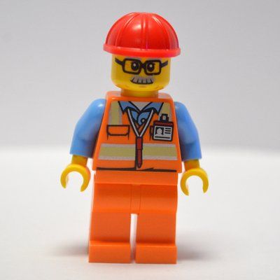 Minifigure Worker - Orange Safety Vest, Orange Legs, Red Helmet del set 40358