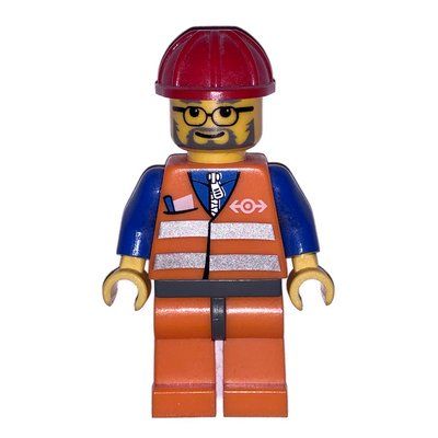 Minifigure Train Worker, Orange Safety Vest with Train Logo, Orange Legs, Red Hard Hat, Glasses and Beard from set 7724